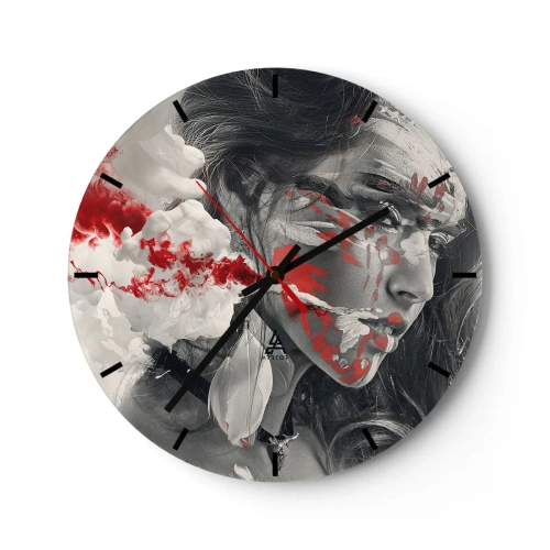 Wanduhr - Glasuhr - Ein Frauengesicht mit abstrakten roten und weißen Akzenten - 30x30cm - Im Dunst der Absurdität - Moderne Wanddekoration für Wohnzimmer, Küche und Schlafzimmer ARTTOR
