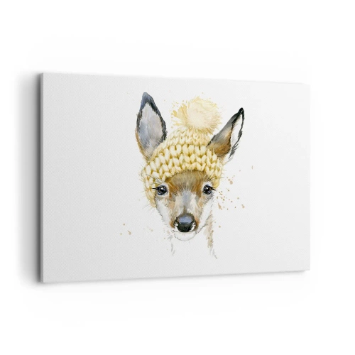 Bild auf Leinwand - Leinwandbild - Aquarell Hirsch in einer gelben Mütze - 120x80cm - Für den Winter im verschneiten Wald - Moderne Wanddekoration für Wohnzimmer und Schlafzimmer ARTTOR