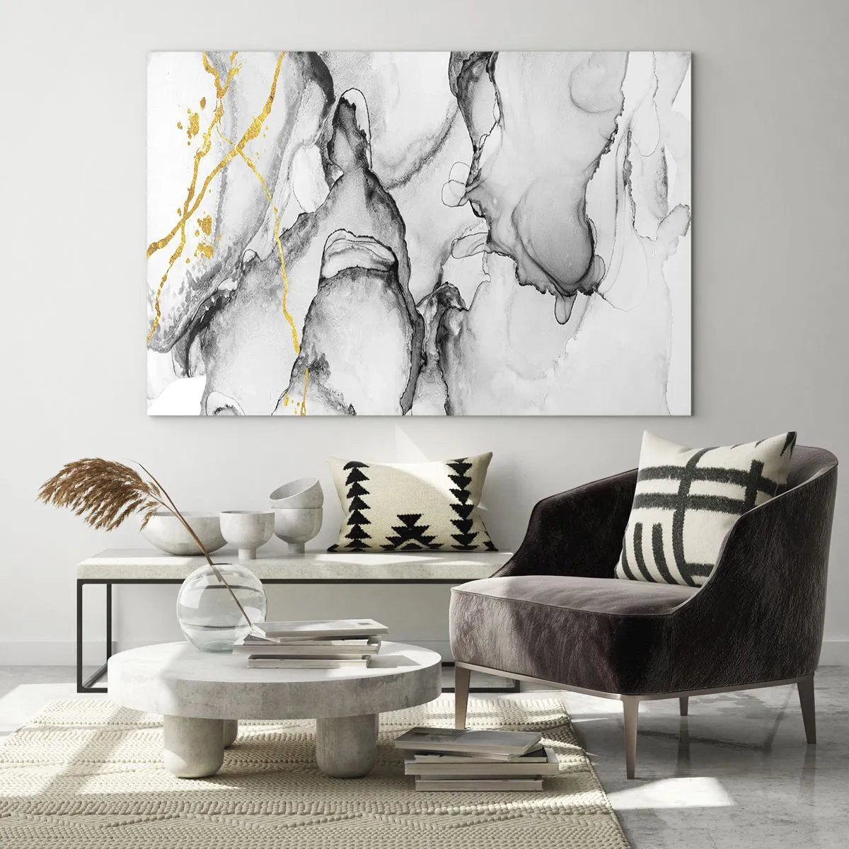 Glasbild - Bild auf glas - Abstrakte Schwarz-Weiß-Komposition mit goldenem Akzent - 100x70cm - Komposition mit Goldmotiv - Moderne Wanddekoration für Wohnzimmer und Schlafzimmer ARTTOR