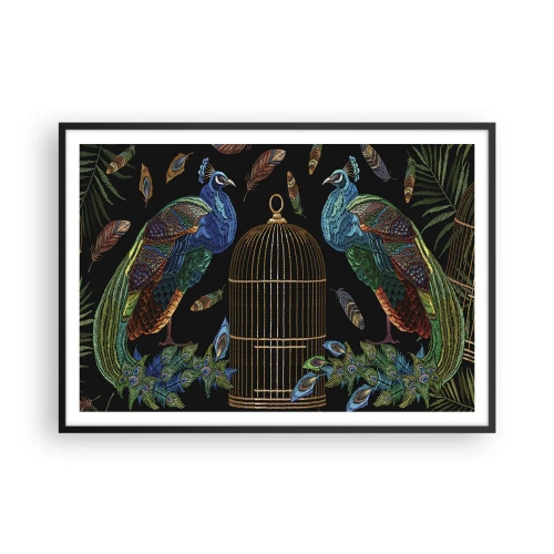 Poster in einem schwarzem Rahmen - Pfauen neben einem goldenen Käfig auf schwarzem Hintergrund - 100x70cm - In königlichen Gewändern - Moderne Wanddekoration für Wohnzimmer und Schlafzimmer ARTTOR