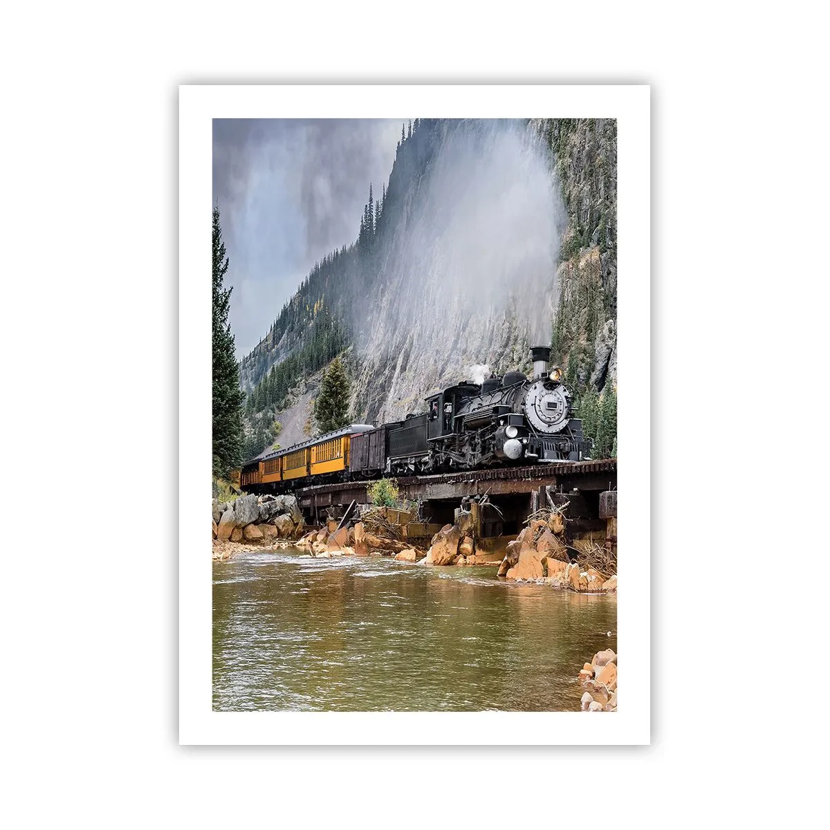 Poster - Eine Dampflokomotive auf einer Brücke, umgeben von Bergen und einem Fluss in einer malerischen Landschaft. - 50x70cm - Wo willst du hin? Wohin? - Moderne Wanddekoration für Wohnzimmer und Schlafzimmer ARTTOR
