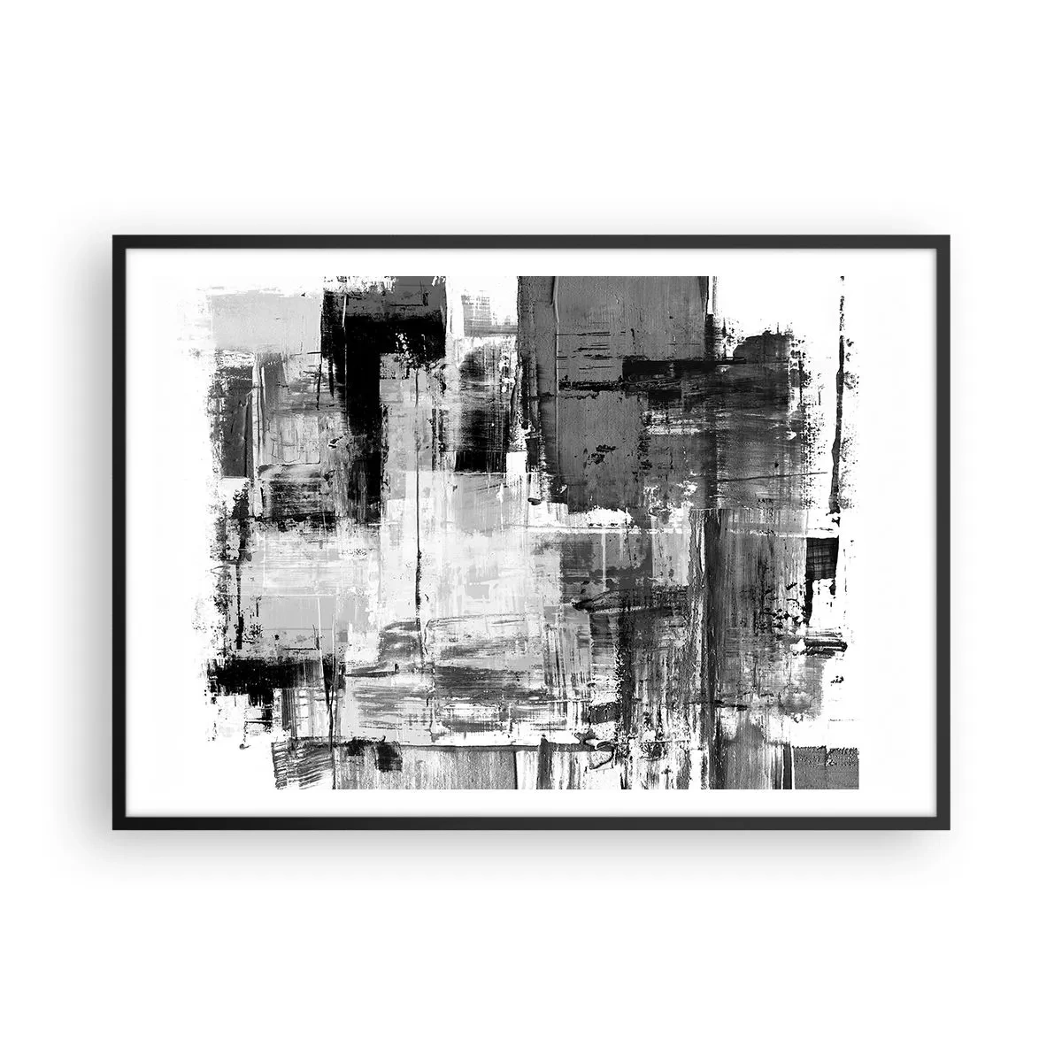 Poster in einem schwarzem Rahmen - Abstrakte Komposition in Schwarz, Weiß und Grau - 100x70cm - Wunderschönes Grau - Moderne Wanddekoration für Wohnzimmer und Schlafzimmer ARTTOR