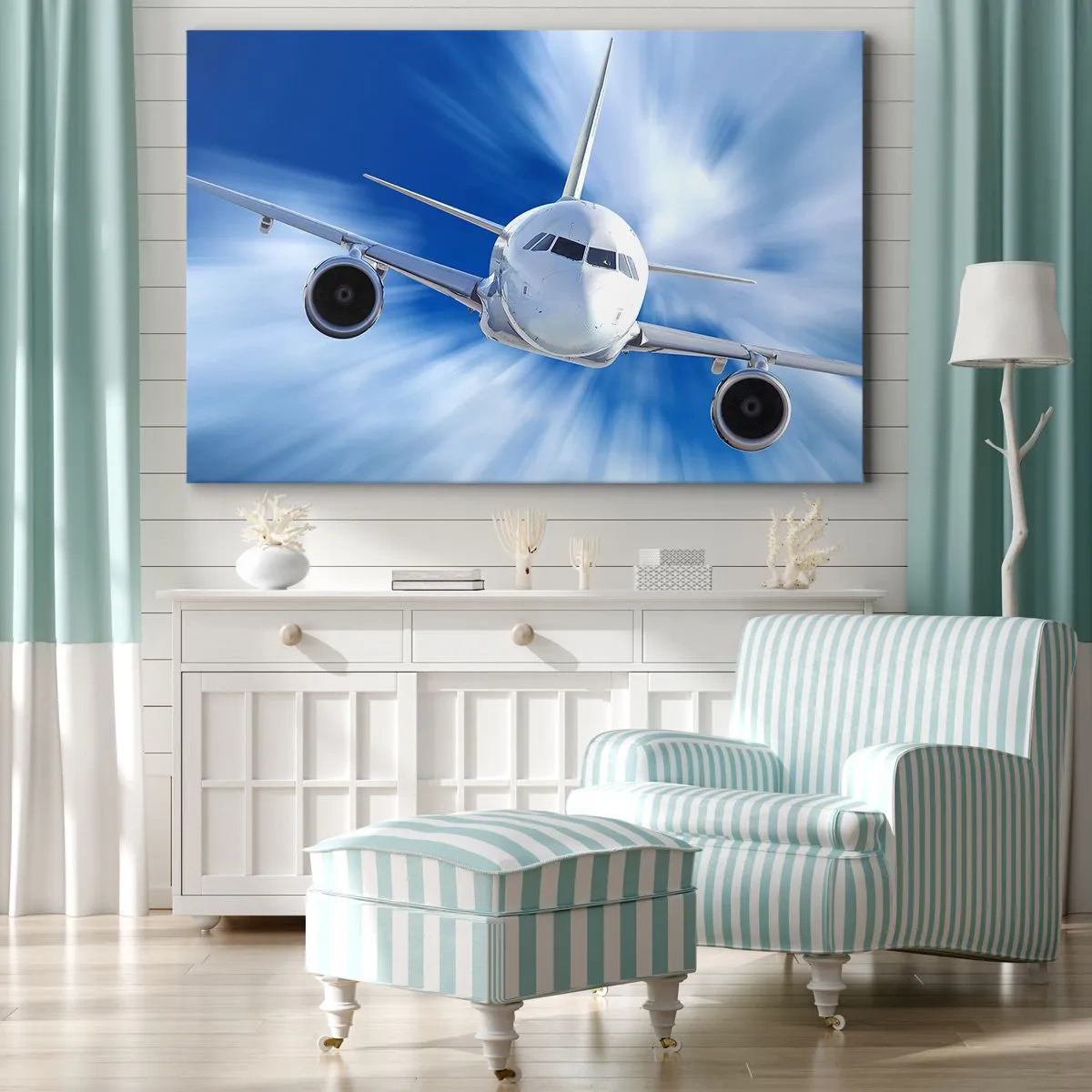 Bild auf Leinwand - Leinwandbild - Ein Passagierflugzeug in Bewegung gegen den Himmel - 120x80cm - Schneller als der Wind am Himmel - Moderne Wanddekoration für Wohnzimmer und Schlafzimmer ARTTOR