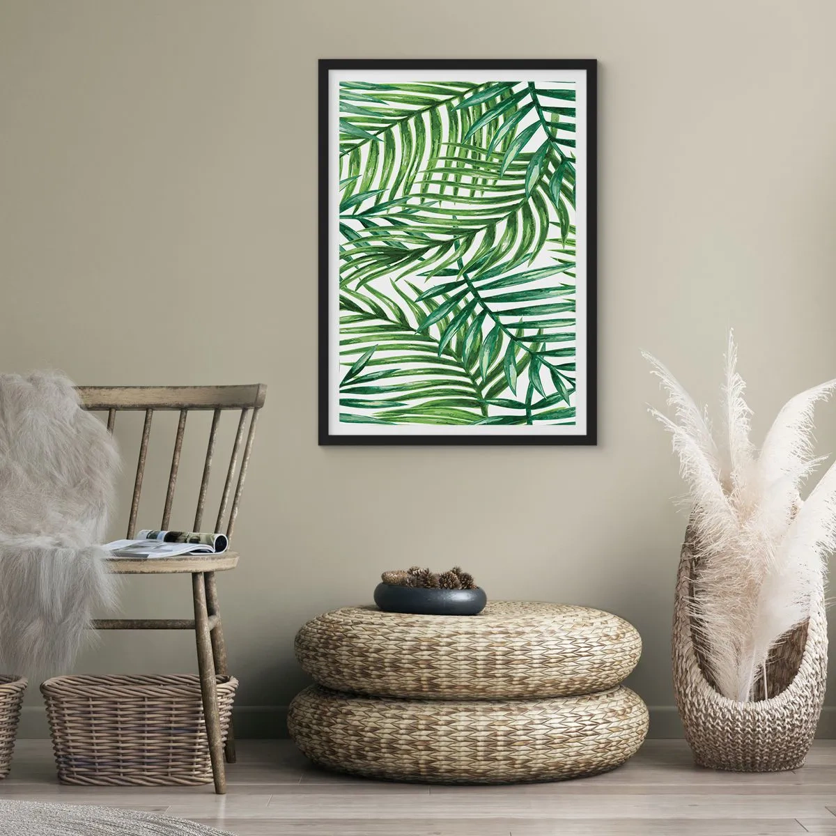 Poster in einem schwarzem Rahmen - Palmen in einem minimalistischen botanischen Muster - 50x70cm - Unter dem grünen Baldachin - Moderne Wanddekoration für Wohnzimmer und Schlafzimmer ARTTOR