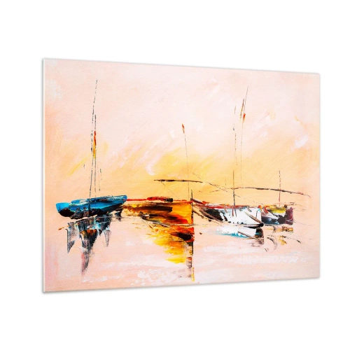Glasbild - Bild auf glas - Bunte Boote vor der Kulisse eines impressionistischen Sonnenuntergangs - 70x50cm - Abend im Yachthafen - Moderne Wanddekoration für Wohnzimmer und Schlafzimmer ARTTOR