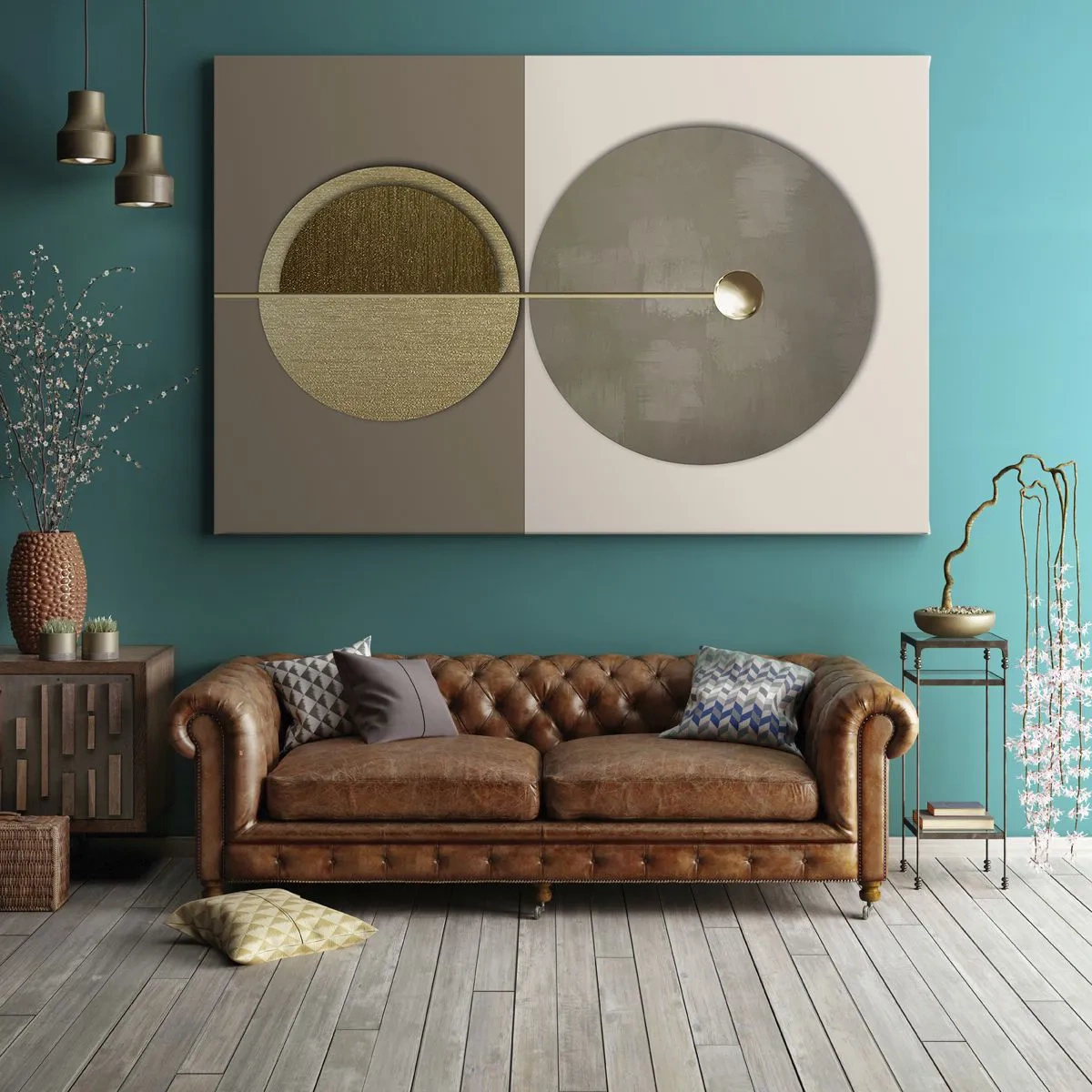 Bild auf Leinwand - Leinwandbild - Abstrakte Kreise in Gold- und Beigetönen - 120x80cm - Perfekte Balance - Moderne Wanddekoration für Wohnzimmer und Schlafzimmer ARTTOR