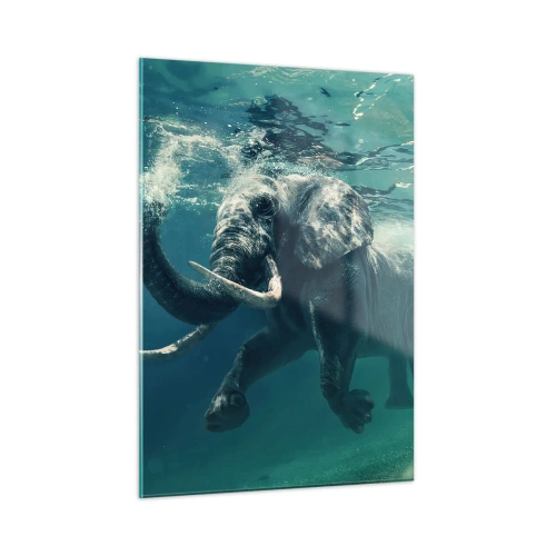 Glasbild - Bild auf glas - Ein Elefant, der unter Wasser im blauen Ozean schwimmt - 50x70cm - Jeder schwimmt gerne - Moderne Wanddekoration für Wohnzimmer und Schlafzimmer ARTTOR