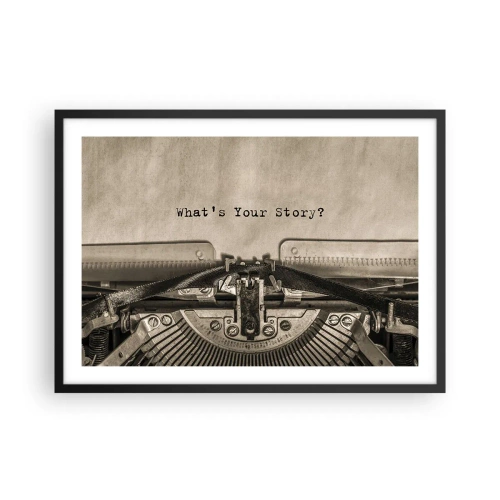Poster in einem schwarzem Rahmen - Eine Schreibmaschine mit den Worten „Was ist Ihre Geschichte?“ - 70x50cm - Erzähl es mir - Moderne Wanddekoration für Wohnzimmer und Schlafzimmer ARTTOR