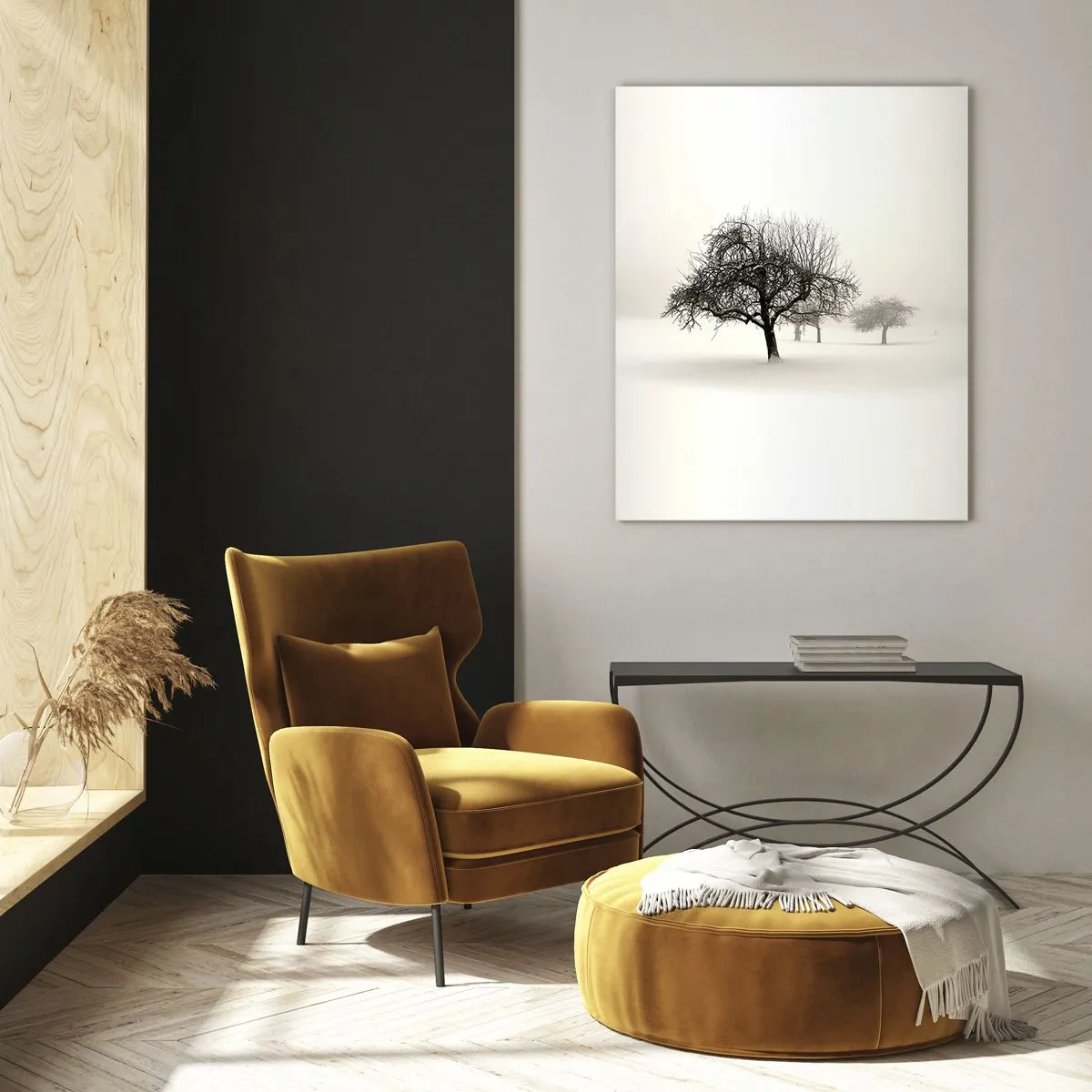 Glasbild - Bild auf glas - Bäume in einer Winterlandschaft, bedeckt mit Schnee und Nebel - 50x70cm - Winterschlaf - Moderne Wanddekoration für Wohnzimmer und Schlafzimmer ARTTOR