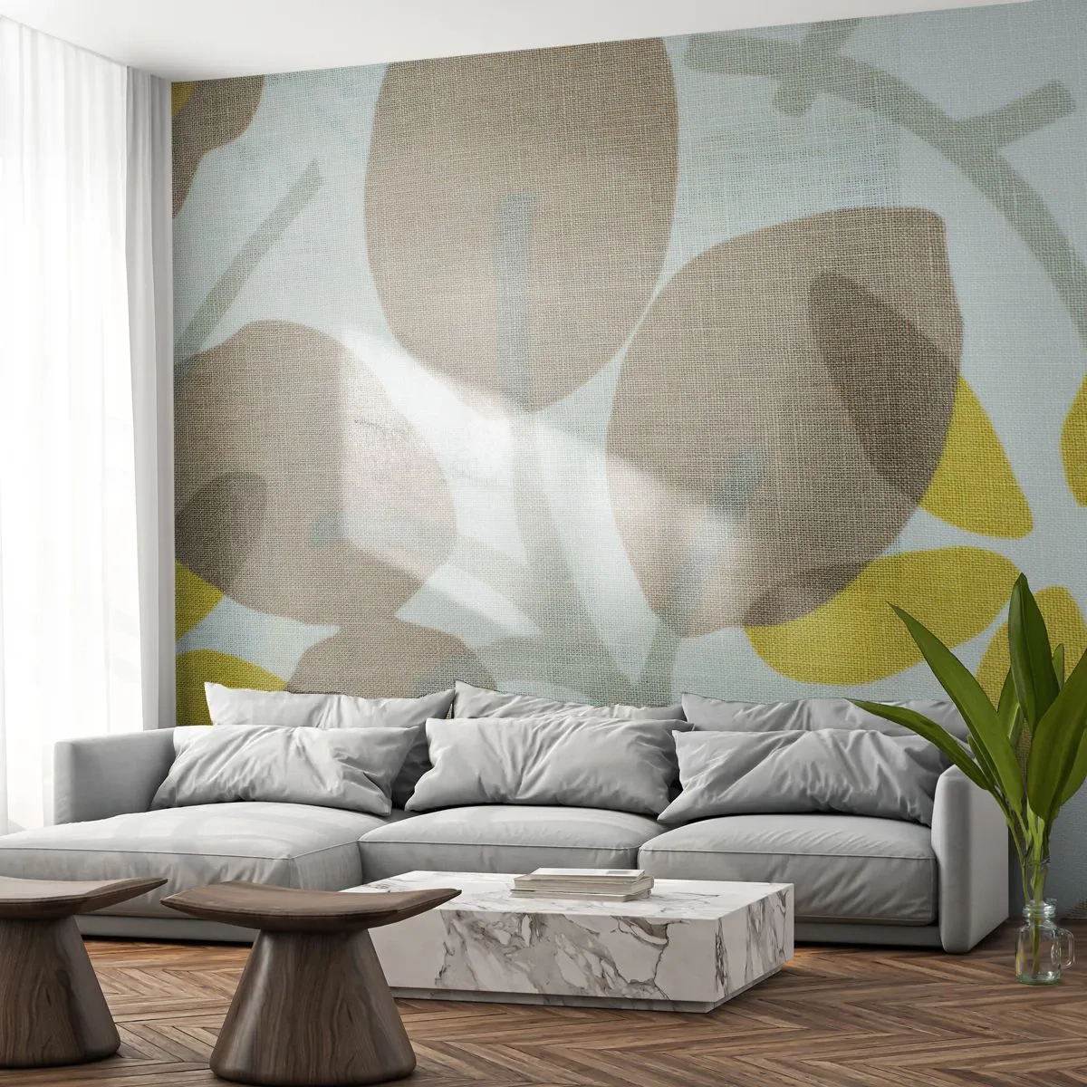 Fototapete Standard Eco - Beige und gelbe Blätter auf hellem Hintergrund im Retro-Stil - 100x70cm - Komposition in voller Sonne - Moderne Wanddekoration für Wohnzimmer und Schlafzimmer ARTTOR