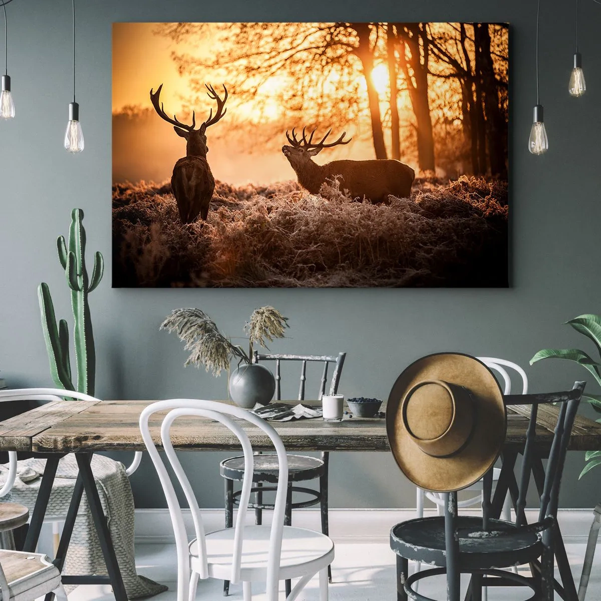 Bild auf Leinwand - Leinwandbild - Zwei Hirsche bei Sonnenuntergang in einer Winterlandschaft - 120x80cm - Der Traum eines Jägers - Moderne Wanddekoration für Wohnzimmer und Schlafzimmer ARTTOR