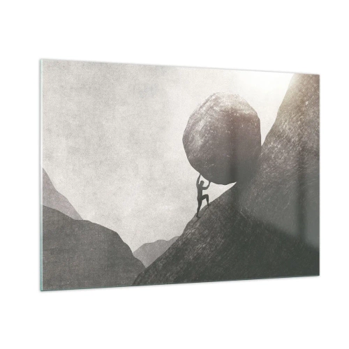 Glasbild - Bild auf glas - Eine Figur, die einen Felsbrocken vor einer Berglandschaft bergauf schiebt - 100x70cm - Ich glaube wider alle Hoffnung - Moderne Wanddekoration für Wohnzimmer und Schlafzimmer ARTTOR