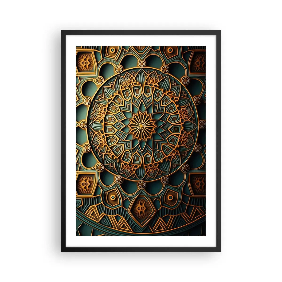 Poster in einem schwarzem Rahmen - Goldenes Mandala auf dunklem Hintergrund - 50x70cm - In arabischer Atmosphäre - Moderne Wanddekoration für Wohnzimmer und Schlafzimmer ARTTOR