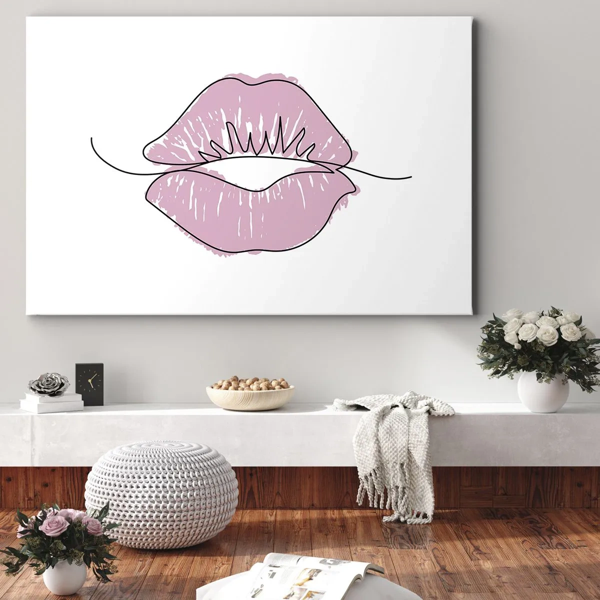 Bild auf Leinwand - Leinwandbild - Minimalistische Lippenzeichnung in einem Rosaton - 70x50cm - Bereit zum Küssen? - Moderne Wanddekoration für Wohnzimmer und Schlafzimmer ARTTOR