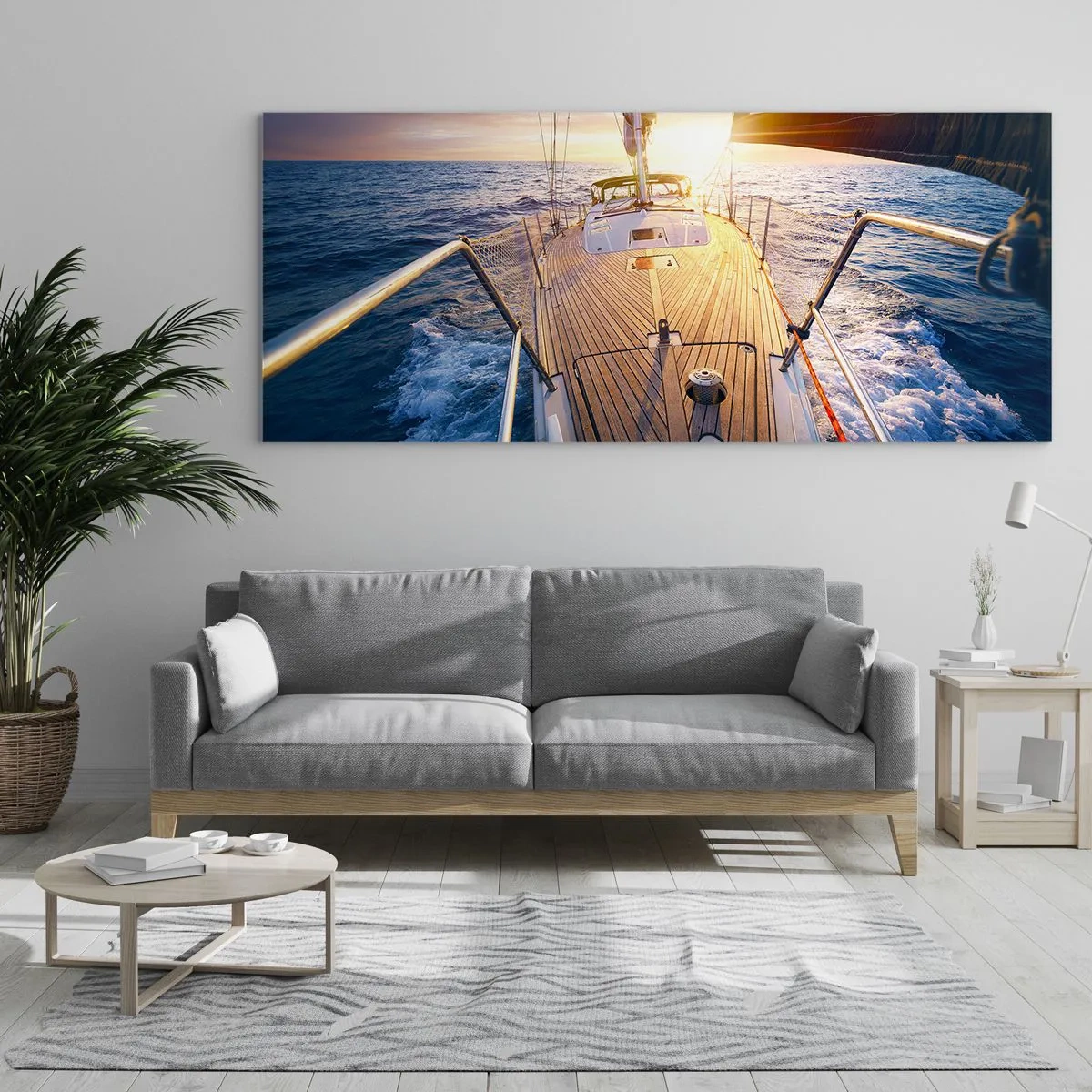 Glasbild - Bild auf glas - Yacht auf See bei Sonnenuntergang - 140x50cm - Laufen unter den Wellen - Moderne Wanddekoration für Wohnzimmer und Schlafzimmer ARTTOR