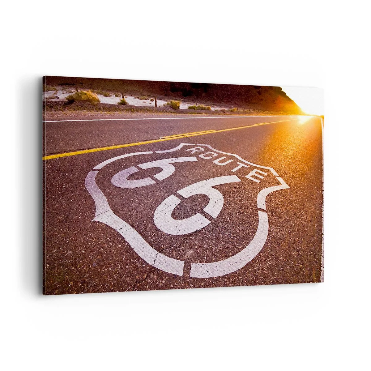 Bild auf Leinwand - Leinwandbild - Route 66 bei Sonnenuntergang - 100x70cm - Die berühmte Straße 66 - Moderne Wanddekoration für Wohnzimmer und Schlafzimmer ARTTOR