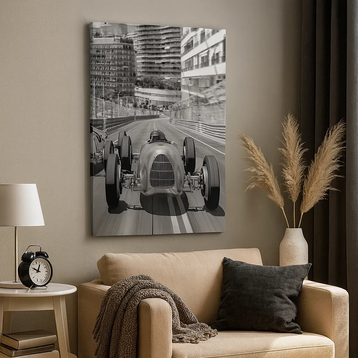 Bild auf Leinwand - Leinwandbild - Monochrome Retro-Autorennen-Szene - 50x70cm - Vor langer Zeit in Monte Carlo - Moderne Wanddekoration für Wohnzimmer und Schlafzimmer ARTTOR