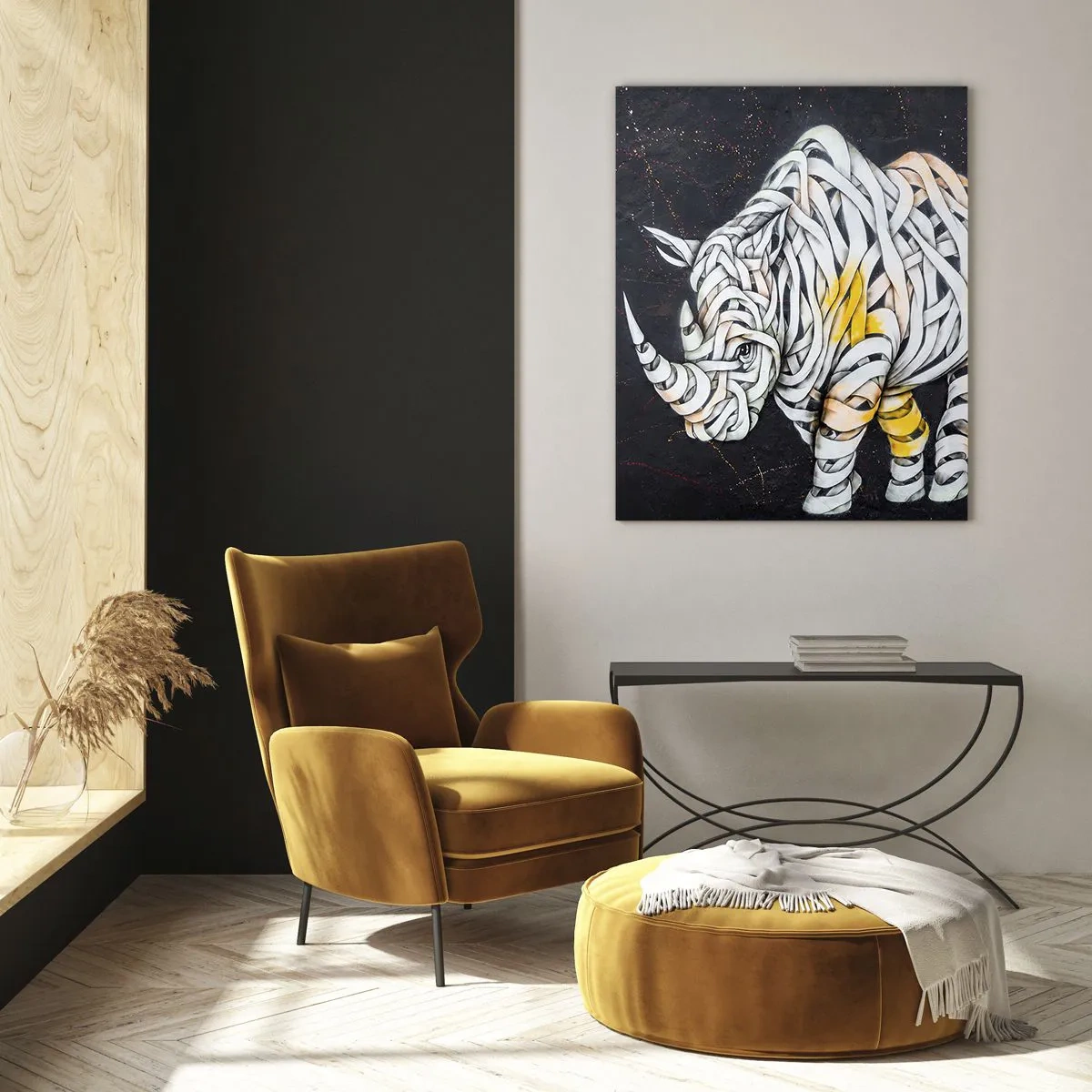 Glasbild - Bild auf glas - Ein geschnitztes Nashorn mit abstrakten Streifen auf dunklem Hintergrund. - 70x100cm - Dicke Haut ist ein Mythos - Moderne Wanddekoration für Wohnzimmer und Schlafzimmer ARTTOR