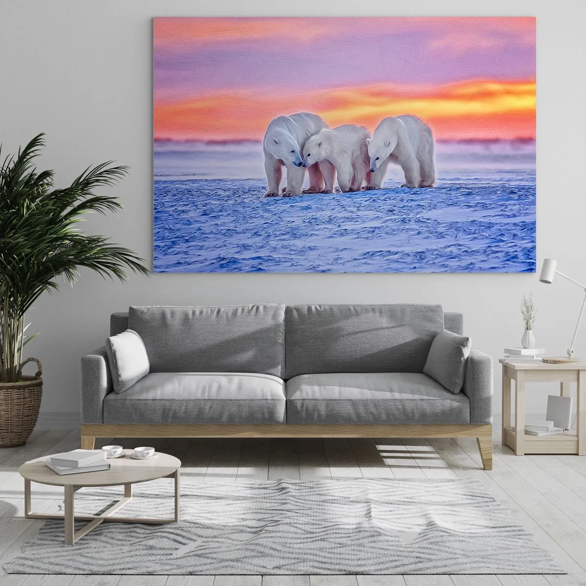 Glasbild - Bild auf glas - Drei Eisbären auf einem verschneiten Hintergrund bei Sonnenuntergang - 100x70cm - Familienwärme ist genug - Moderne Wanddekoration für Wohnzimmer und Schlafzimmer ARTTOR