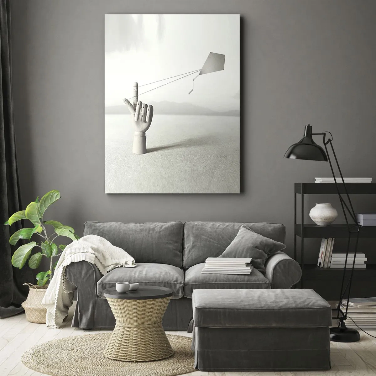 Bild auf Leinwand - Leinwandbild - Eine minimalistische Holzhand mit einem Drachen vor einem Landschaftshintergrund. - 50x70cm - Kraftprobe - Moderne Wanddekoration für Wohnzimmer und Schlafzimmer ARTTOR