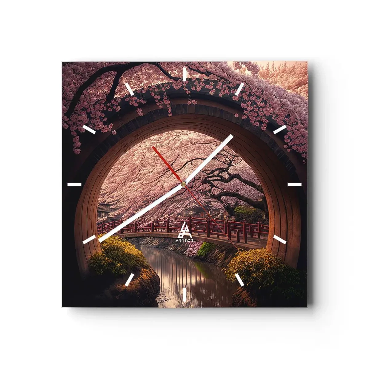 Wanduhr - Glasuhr - Eine traditionelle japanische Brücke, umgeben von Kirschblüten - 30x30cm - Japanischer Frühling - Moderne Wanddekoration für Wohnzimmer und Schlafzimmer ARTTOR