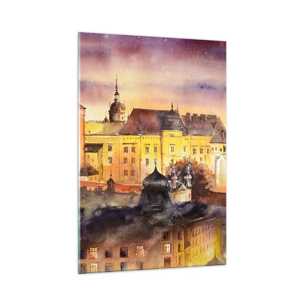 Glasbild - Bild auf glas - Ein malerisches Aquarell einer Burg bei Sonnenuntergang - 70x100cm - Geschichte und Märchen - Moderne Wanddekoration für Wohnzimmer und Schlafzimmer ARTTOR
