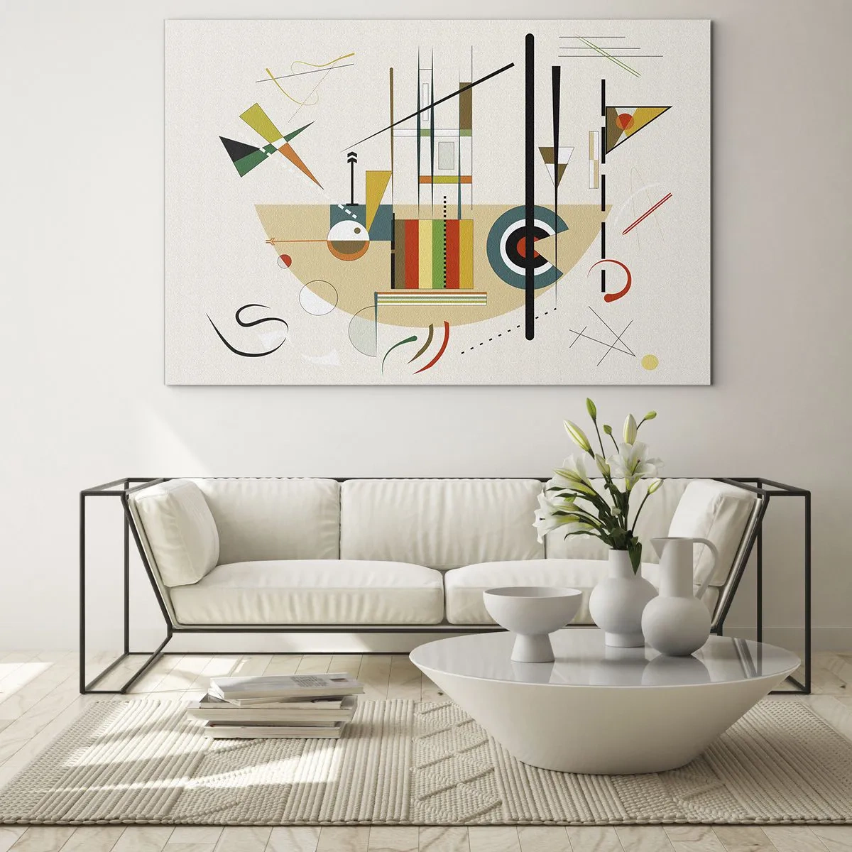 Glasbild - Bild auf glas - Bunte geometrische Abstraktion auf hellem Hintergrund - 70x50cm - Und die Welt lacht - Moderne Wanddekoration für Wohnzimmer und Schlafzimmer ARTTOR