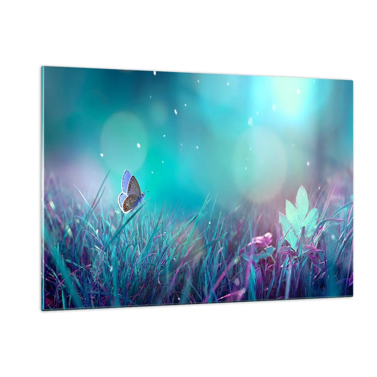 Glasbild - Bild auf glas - Schmetterling auf dem Gras in Pastelllicht - 120x80cm - Das geheime Leben der Wiese - Moderne Wanddekoration für Wohnzimmer und Schlafzimmer ARTTOR