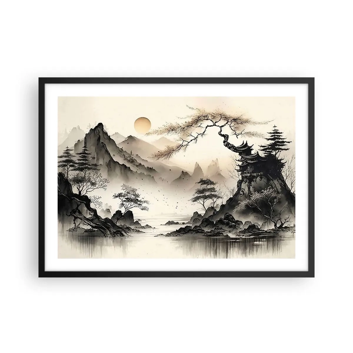 Poster in einem schwarzem Rahmen - Eine orientalische Landschaft mit Bergen und einer Pagode in zarten Farbtönen. - 70x50cm - Einzigartiger Charme des Orients - Moderne Wanddekoration für Wohnzimmer und Schlafzimmer ARTTOR