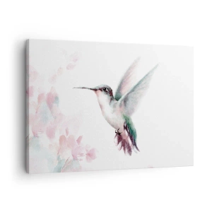 Bild auf Leinwand - Leinwandbild - Ein Kolibri in zarten Pastellfarben vor einem Hintergrund aus Blumen - 70x50cm - Im Flattern gehalten - Moderne Wanddekoration für Wohnzimmer und Schlafzimmer ARTTOR