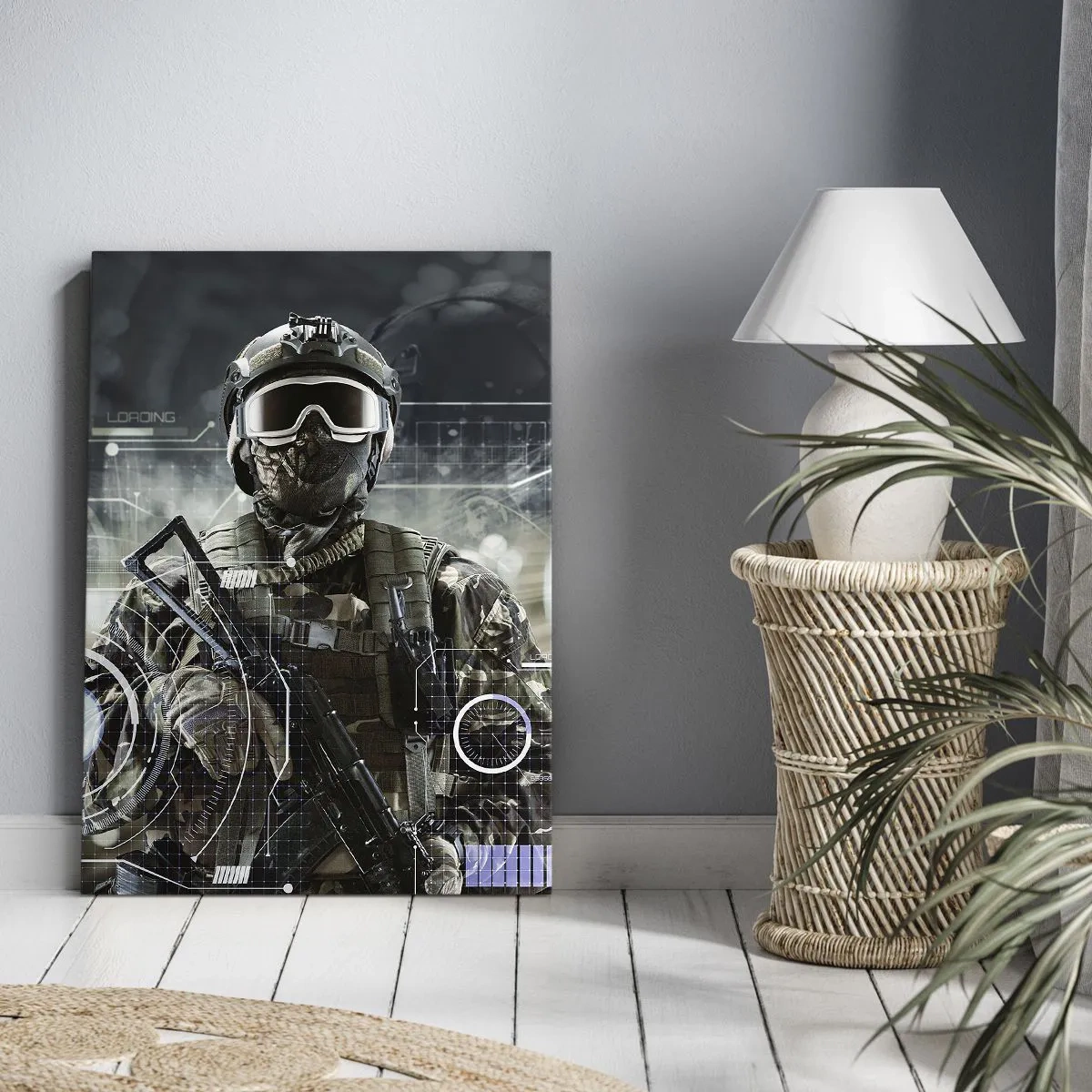 Bild auf Leinwand - Leinwandbild - Ein Soldat in einem futuristischen Helm mit einer Waffe vor dem Hintergrund der Technologie. - 70x100cm - Macht zu Macht - Moderne Wanddekoration für Wohnzimmer und Schlafzimmer ARTTOR