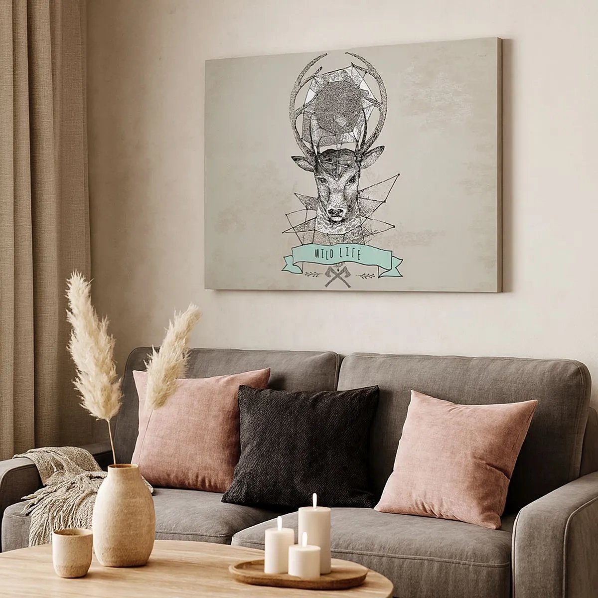 Bild auf Leinwand - Leinwandbild - Hirschgeometrie im Vintage-Stil mit Wild Life-Schriftzug - 70x50cm - St. sehen Hubertus - Moderne Wanddekoration für Wohnzimmer und Schlafzimmer ARTTOR