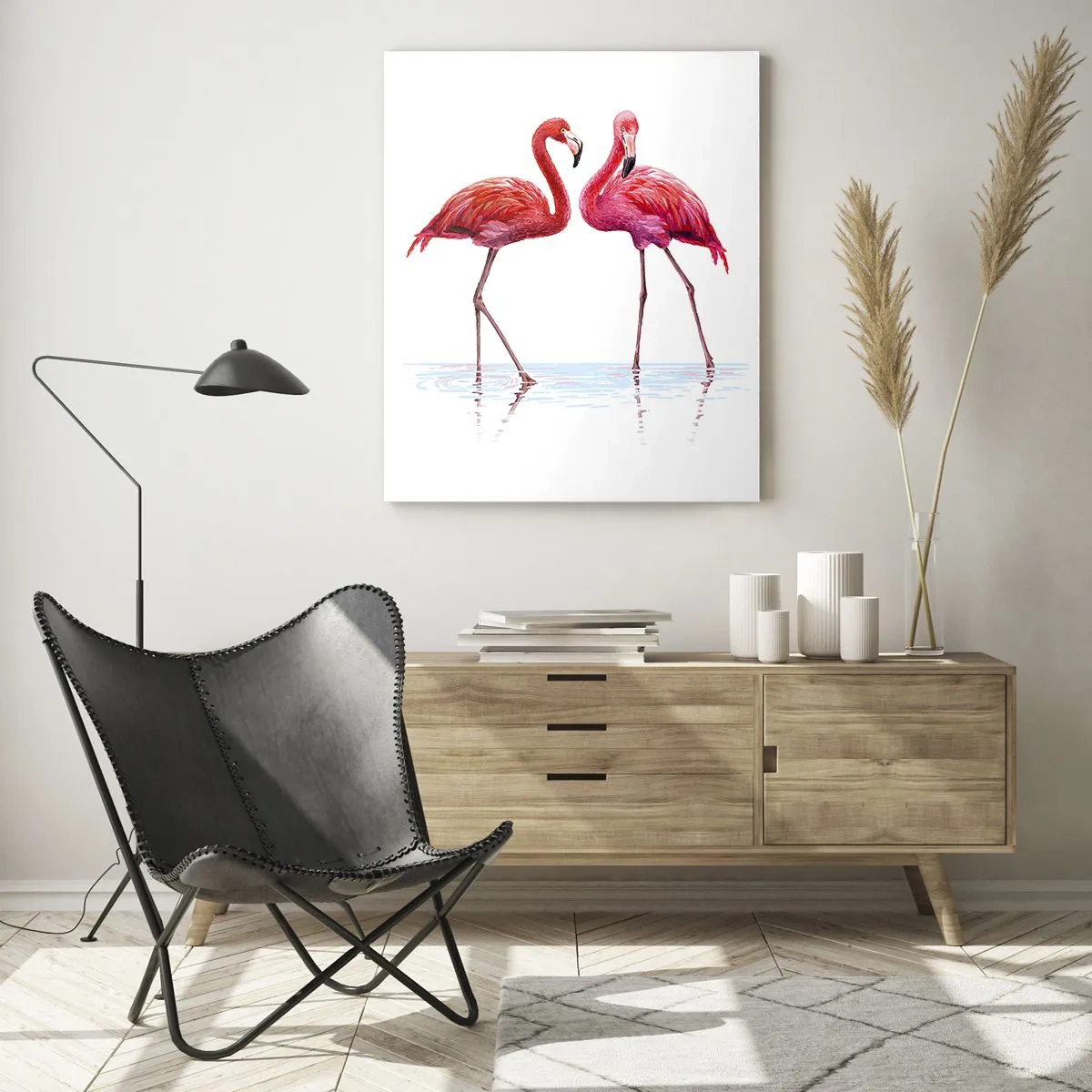 Glasbild - Bild auf glas - Ein Flamingopaar im Wasser vor hellem Hintergrund - 70x100cm - Rosa randez-vous - Moderne Wanddekoration für Wohnzimmer und Schlafzimmer ARTTOR
