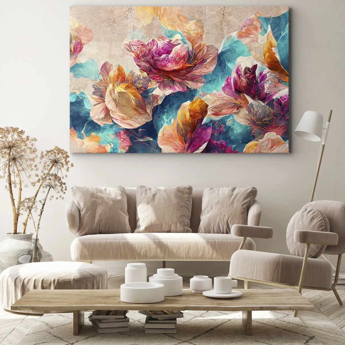 Bild auf Leinwand - Leinwandbild - Bunte Blumen auf beigem Hintergrund - 100x70cm - Farbenpracht des Straußes - Moderne Wanddekoration für Wohnzimmer und Schlafzimmer ARTTOR