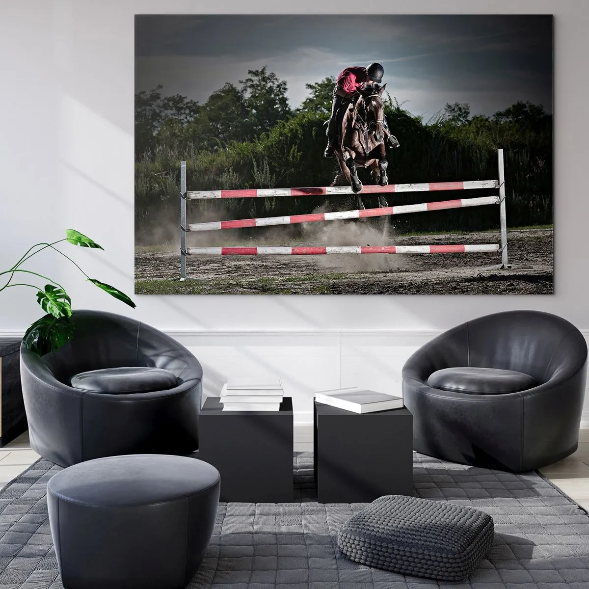 Glasbild - Bild auf glas - Ein Reiter auf einem Pferd springt über ein Hindernis vor der Kulisse der Natur - 70x50cm - Gemeinsam zum Sieg - Moderne Wanddekoration für Wohnzimmer und Schlafzimmer ARTTOR