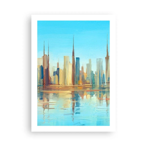 Poster - Farbenfrohes Stadtpanorama mit Spiegelung im Wasser - 50x70cm - Sonnige Metropole - Moderne Wanddekoration für Wohnzimmer und Schlafzimmer ARTTOR