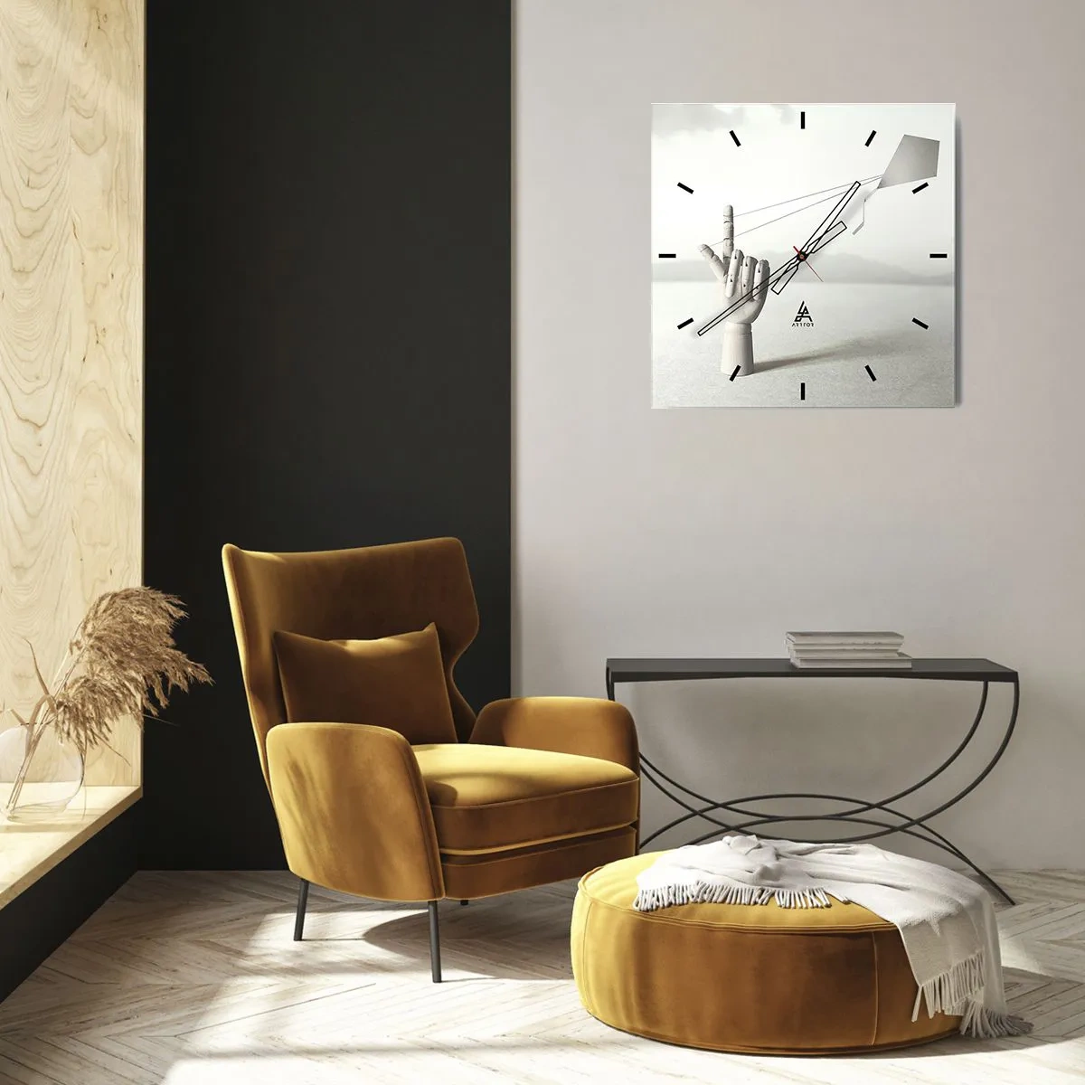 Wanduhr - Glasuhr - Eine minimalistische Holzhand mit einem Drachen vor einem Landschaftshintergrund. - 30x30cm - Kraftprobe - Moderne Wanddekoration für Wohnzimmer und Schlafzimmer ARTTOR