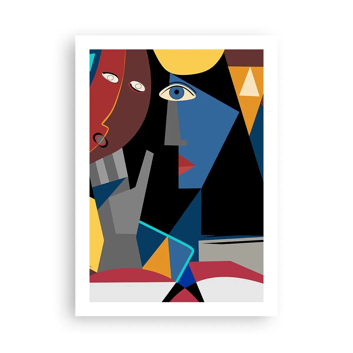 Poster - Kubistische Abstraktion eines Gesichts in lebendigen Farben - 50x70cm - Gespräch zwischen Kubisten - Moderne Wanddekoration für Wohnzimmer und Schlafzimmer ARTTOR