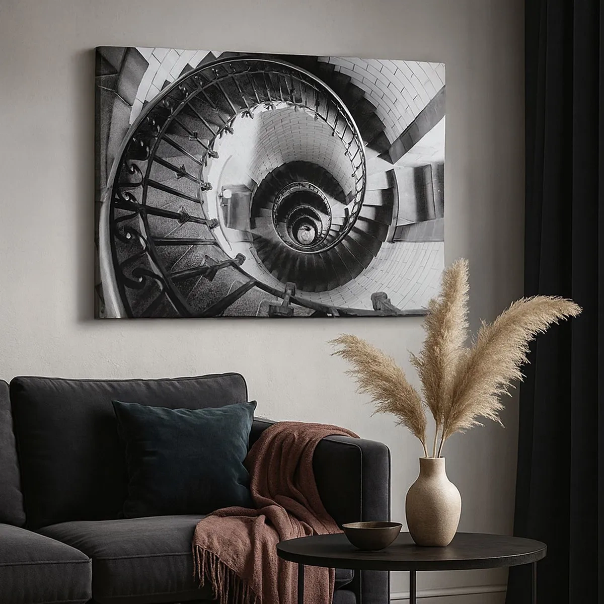 Bild auf Leinwand - Leinwandbild - Schwarz-Weiß-Fotografie einer Wendeltreppe aus der Vogelperspektive - 70x50cm - Höher und höher - Moderne Wanddekoration für Wohnzimmer und Schlafzimmer ARTTOR