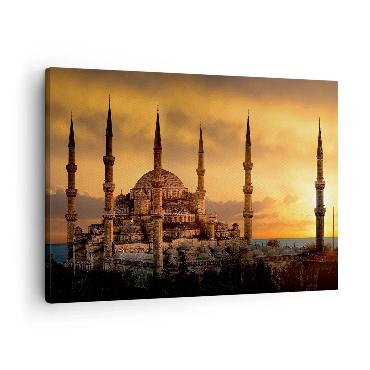 Bild auf Leinwand - Leinwandbild - Die Moschee bei Sonnenuntergang in warmen Farben - 70x50cm - Gott ist großartig - Moderne Wanddekoration für Wohnzimmer und Schlafzimmer ARTTOR