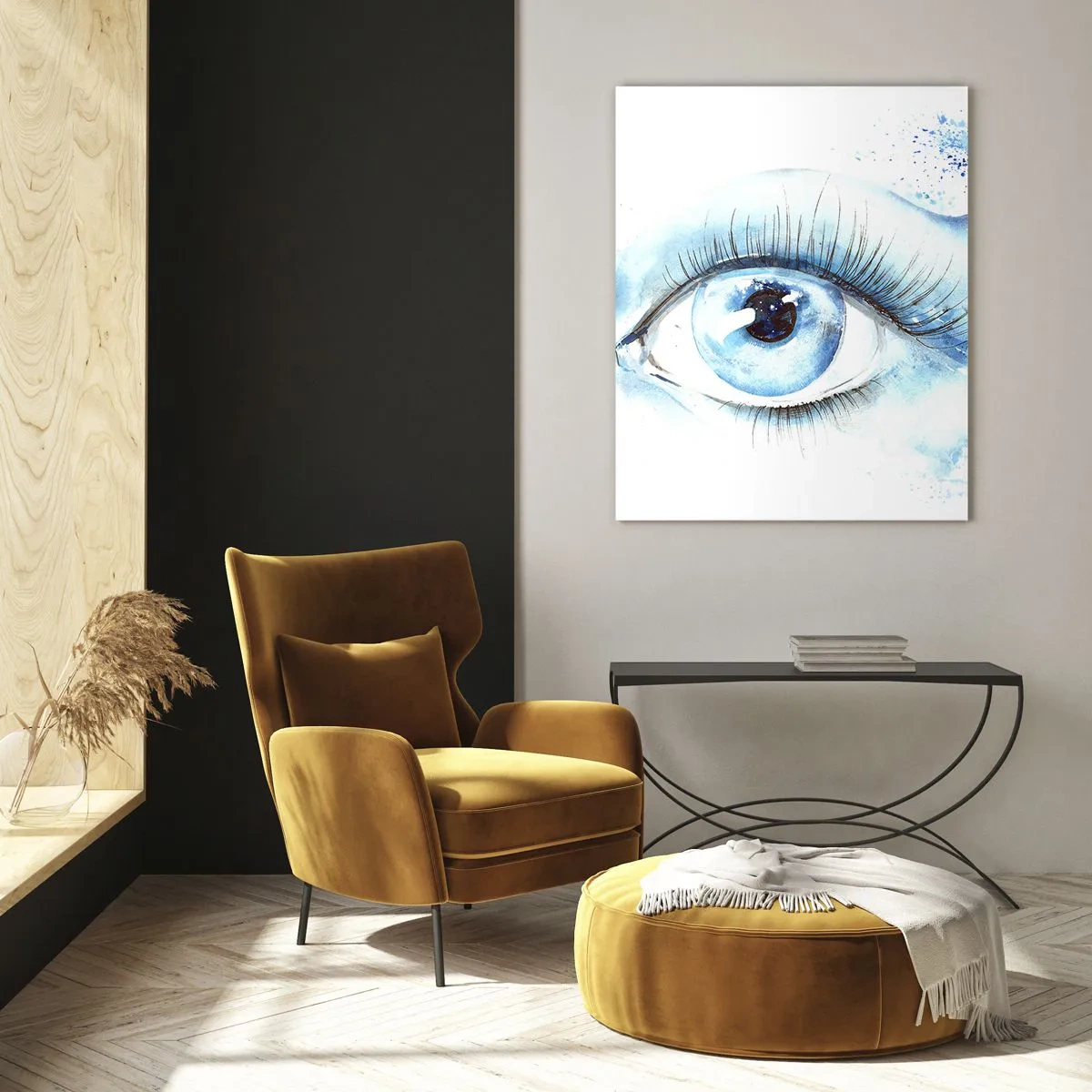 Glasbild - Bild auf glas - Blaues Auge im künstlerischen Aquarell - 50x70cm - Tauchen Sie ein in das Blau der Blicke - Moderne Wanddekoration für Wohnzimmer und Schlafzimmer ARTTOR