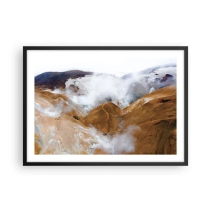Poster in einem schwarzem Rahmen - Eine Berglandschaft mit Dampf in einem rauen Klima - 70x50cm - Islands rohe Schönheit - Moderne Wanddekoration für Wohnzimmer und Schlafzimmer ARTTOR