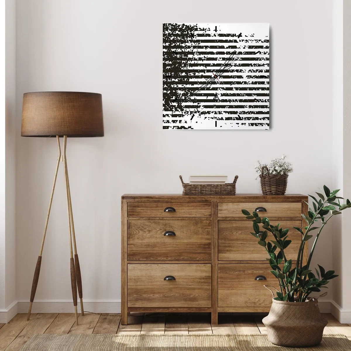 Wanduhr - Glasuhr - Abstrakte Linien mit Distressed-Effekt in Schwarz und Weiß - 30x30cm - Rhythmus und Rauschen - Moderne Wanddekoration für Wohnzimmer und Schlafzimmer ARTTOR