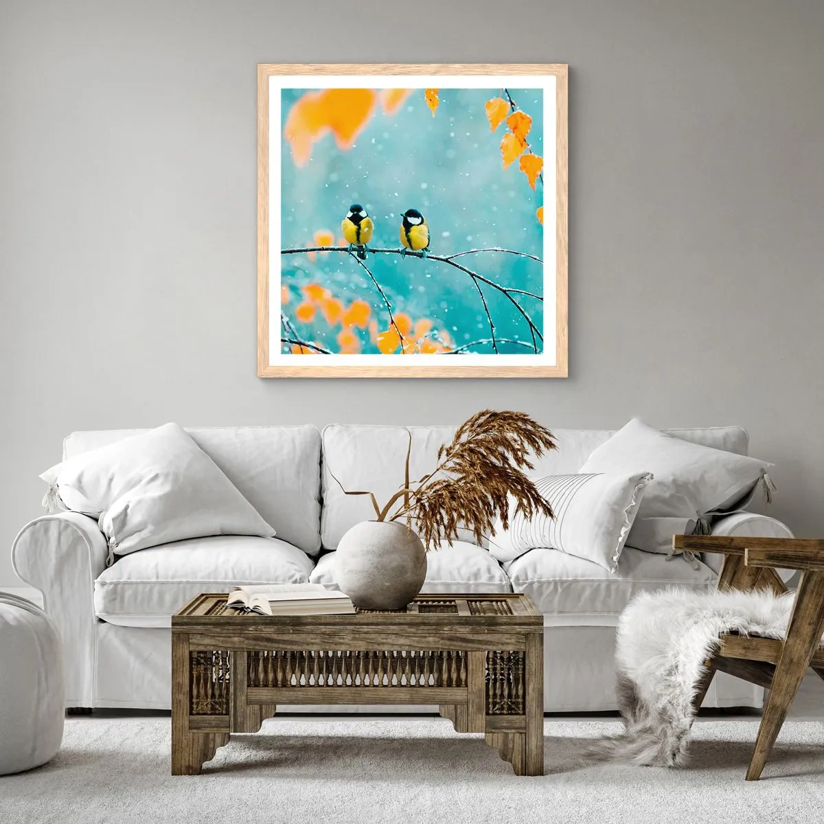 Poster in einem Rahmen aus heller Eiche - Vogelklatsch - 60x60 cm