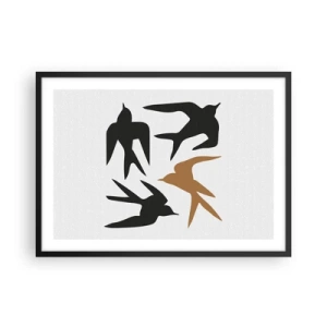 Poster in einem schwarzem Rahmen - Silhouetten von Schwalben in Schwarz und Gold - 70x50cm - Schwalbenspaß - Moderne Wanddekoration für Wohnzimmer und Schlafzimmer ARTTOR