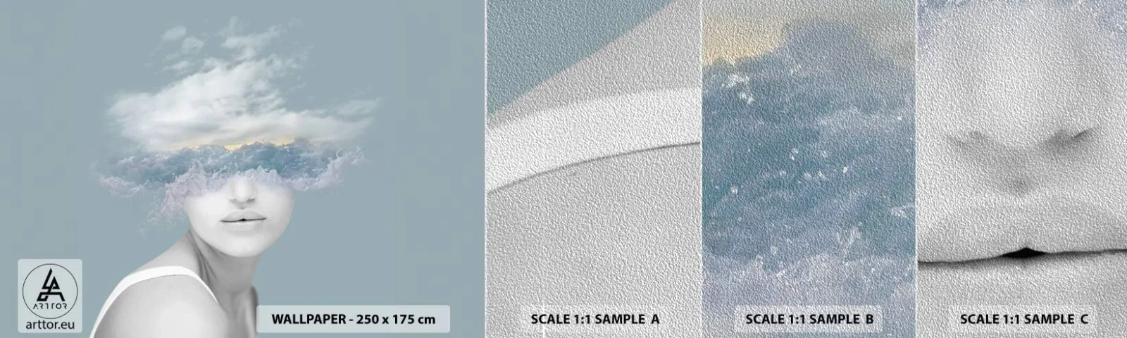 Fototapeten Muster Premium Sand - Mit dem Kopf in den Wolken - Hell, Porträt, Wolken - 100x30 cm