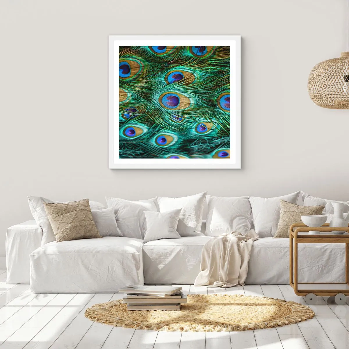Poster in einem weißen Rahmen - Ein Blick mit Pfauenaugen - 50x50 cm