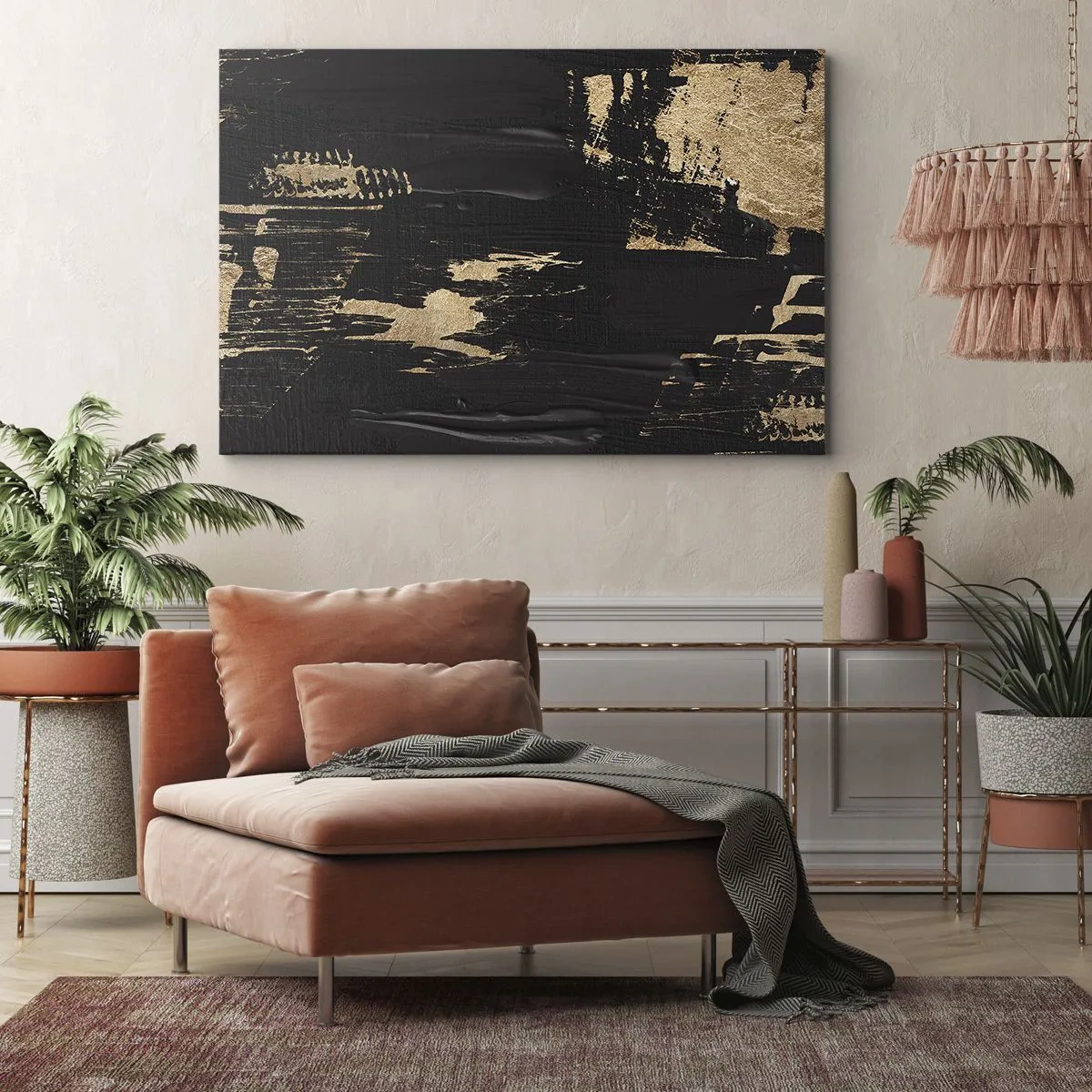 Bild auf Leinwand - Leinwandbild - Abstrakte Komposition in Schwarz- und Goldtönen - 70x50cm - Spur einer Berührung - Moderne Wanddekoration für Wohnzimmer und Schlafzimmer ARTTOR