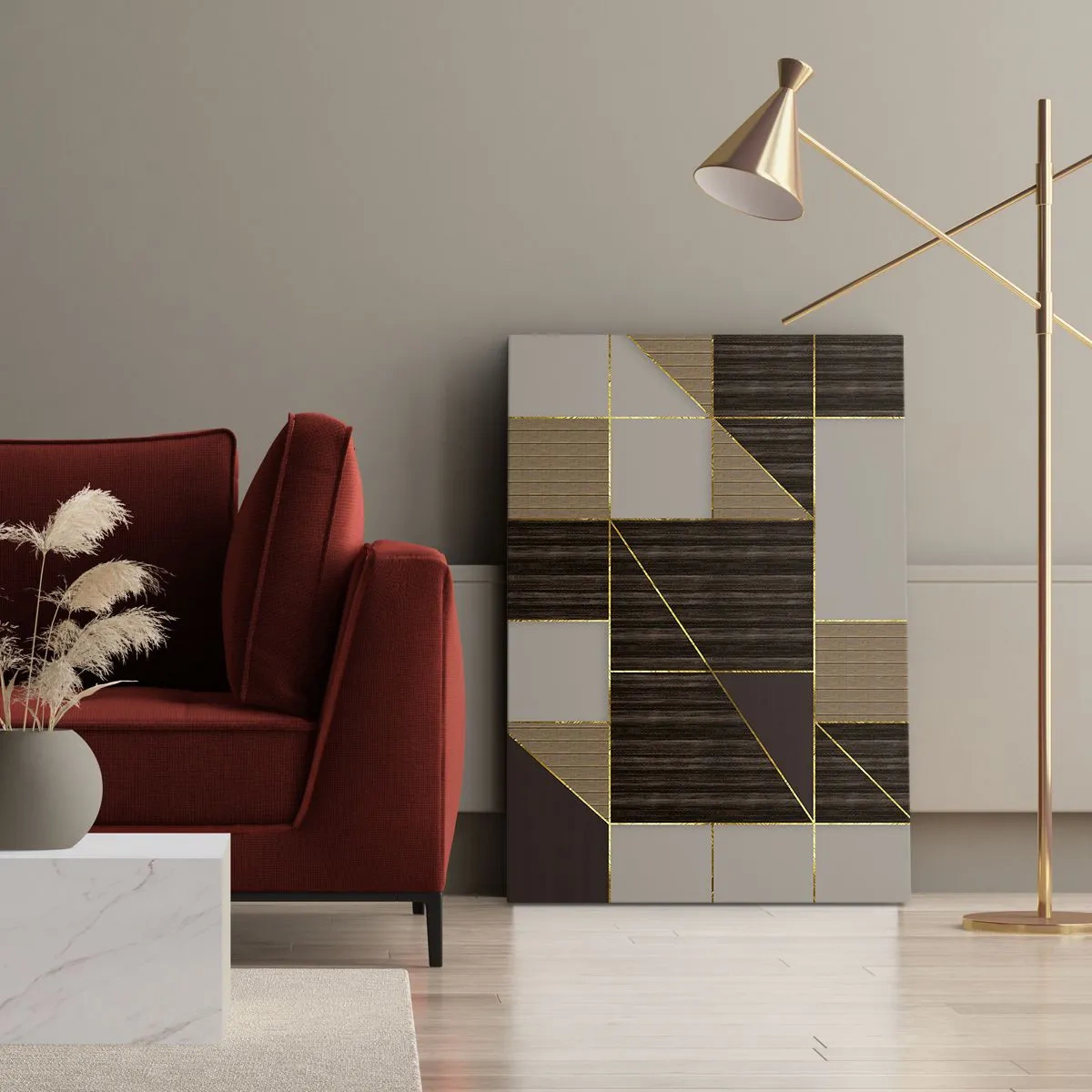 Bild auf Leinwand - Leinwandbild - Geometrische Muster in Brauntönen mit goldenen Linien - 80x120cm - Ein Mosaik aus Braun und Gold - Moderne Wanddekoration für Wohnzimmer und Schlafzimmer ARTTOR