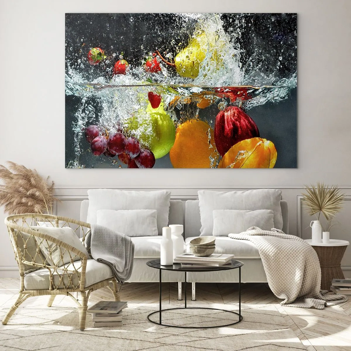 Glasbild - Bild auf glas - In Wasser getauchte Früchte mit dynamischen Spritzern - 70x50cm - Fruchterfrischung - Moderne Wanddekoration für Wohnzimmer und Schlafzimmer ARTTOR